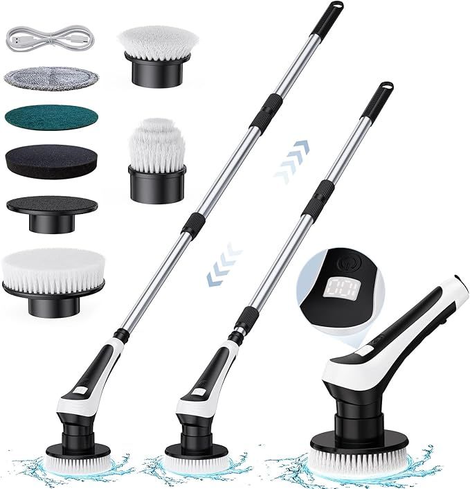 Electric Spin Scrubber – Rechargeable Cordless Cleaning Brush with 5 Brush Heads & Extendable Handle for Bathroom, Kitchen, Tiles & Floor