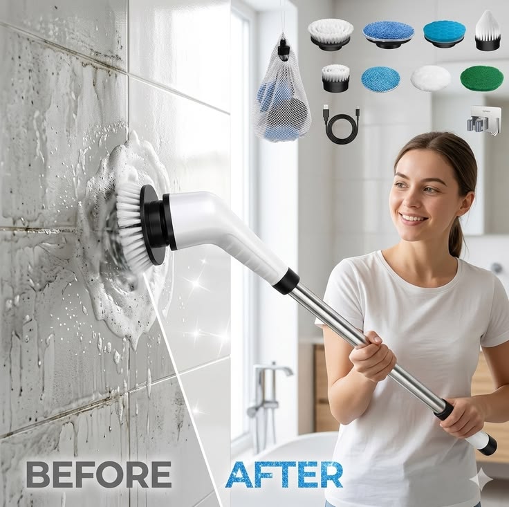 Electric Spin Scrubber – Rechargeable Cordless Cleaning Brush with 5 Brush Heads & Extendable Handle for Bathroom, Kitchen, Tiles & Floor